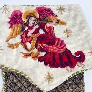Needlepoint Angel Christmas Stocking Holiday Decor Velvet Tassel 20 Inches